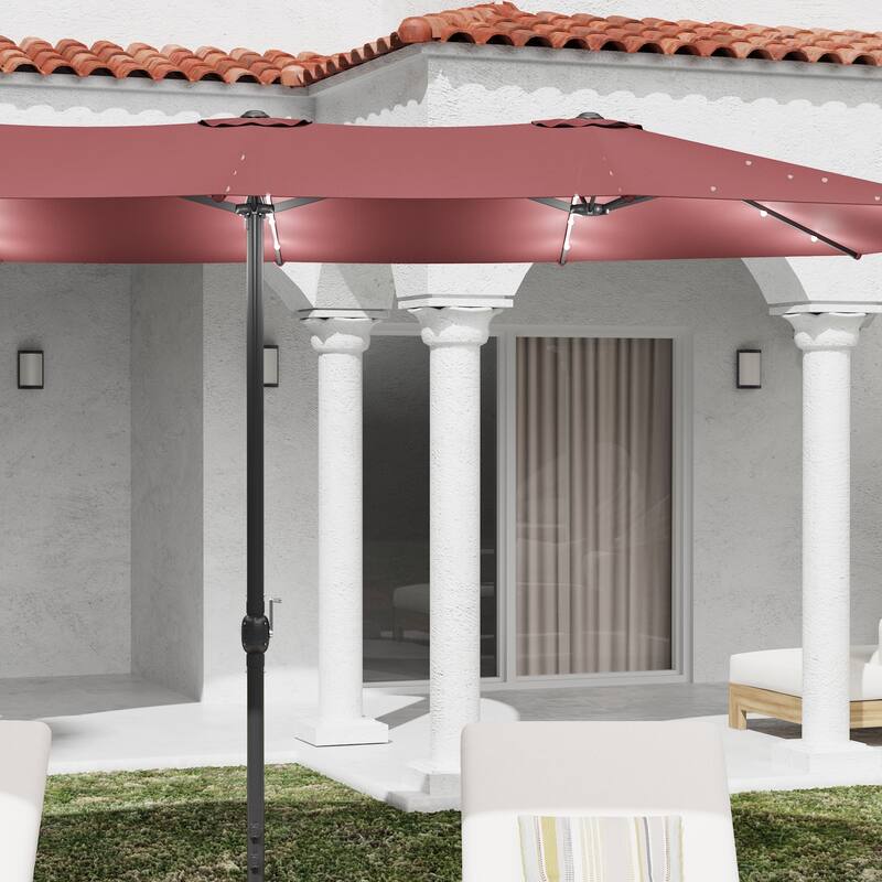 15ft Solar LED Double Patio Umbrella with Base, Extra Large Twin Outdoor Market Umbrella with 36 Lights, 180g Polyester Canopy