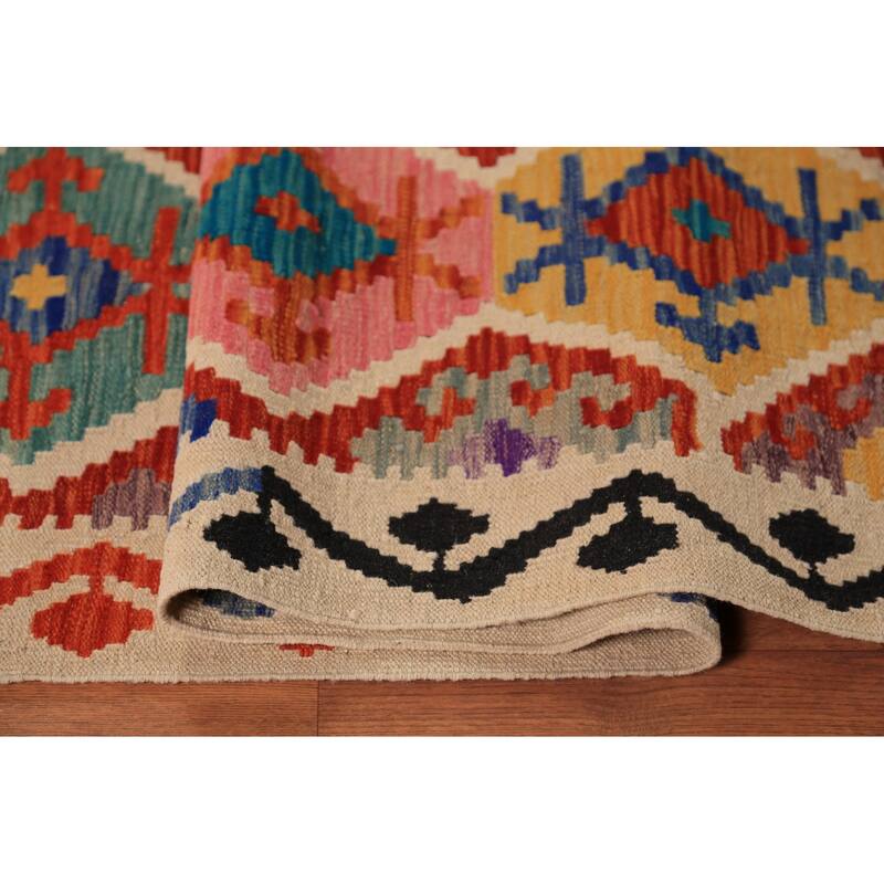 Geometric Kilim Oriental Area Rug Hand-Woven Multi-Color Wool Carpet - 8'9"x 9'7"