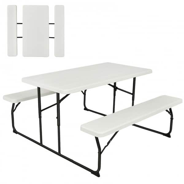 slide 2 of 25, Indoor and Outdoor Folding Picnic Table Bench Set with Wood-like Texture - 59" x 54" x 28.5"(L X W X H) White