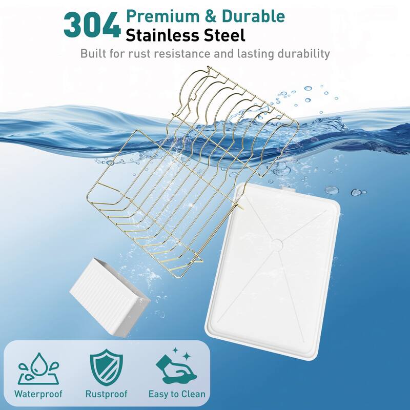Dish Drying Rack for Kitchen Countertop, Gold Stainless Steel Dish Drainer with Drain Board, Utensil Holder & Anti-Slip Feet