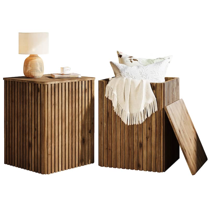Solid Wood End Table, Fluted Side Table with Storage and Removable Lid - 18.9" D x 18.9" W x 24.21" H