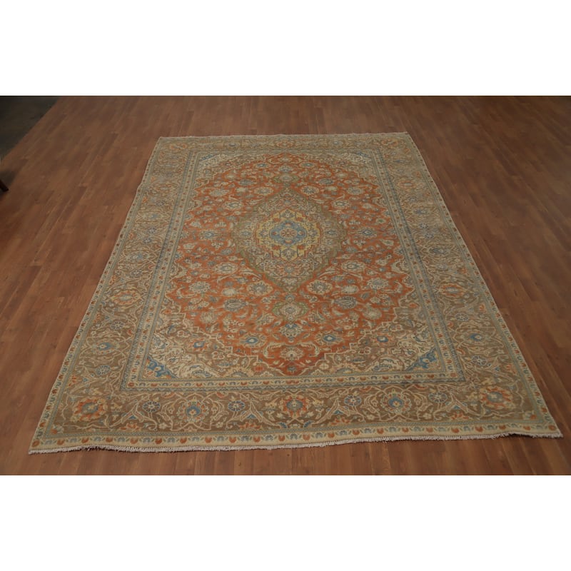 Hand Knotted Oriental 100% Wool Carpet Traditional Floral Oranges & Rust Tabriz Area Rug - 10' 3'' X 7' 8''