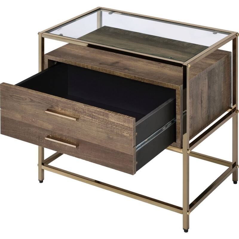 24 in. Gold Rectangle Glass End Table with Storage Drawer for Convenience