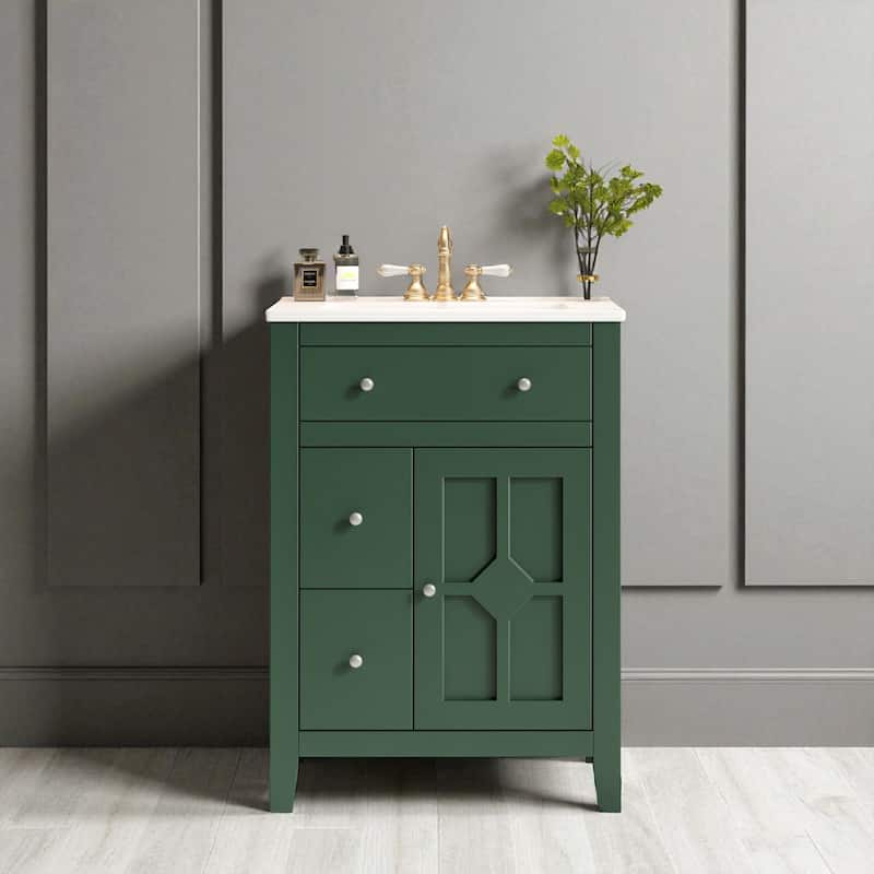 24" Bathroom Vanity with Ceramic Sink, Small Modern Cabinet with 2 Drawers & Adjustable Shelf, Soft-Closing Door - Green
