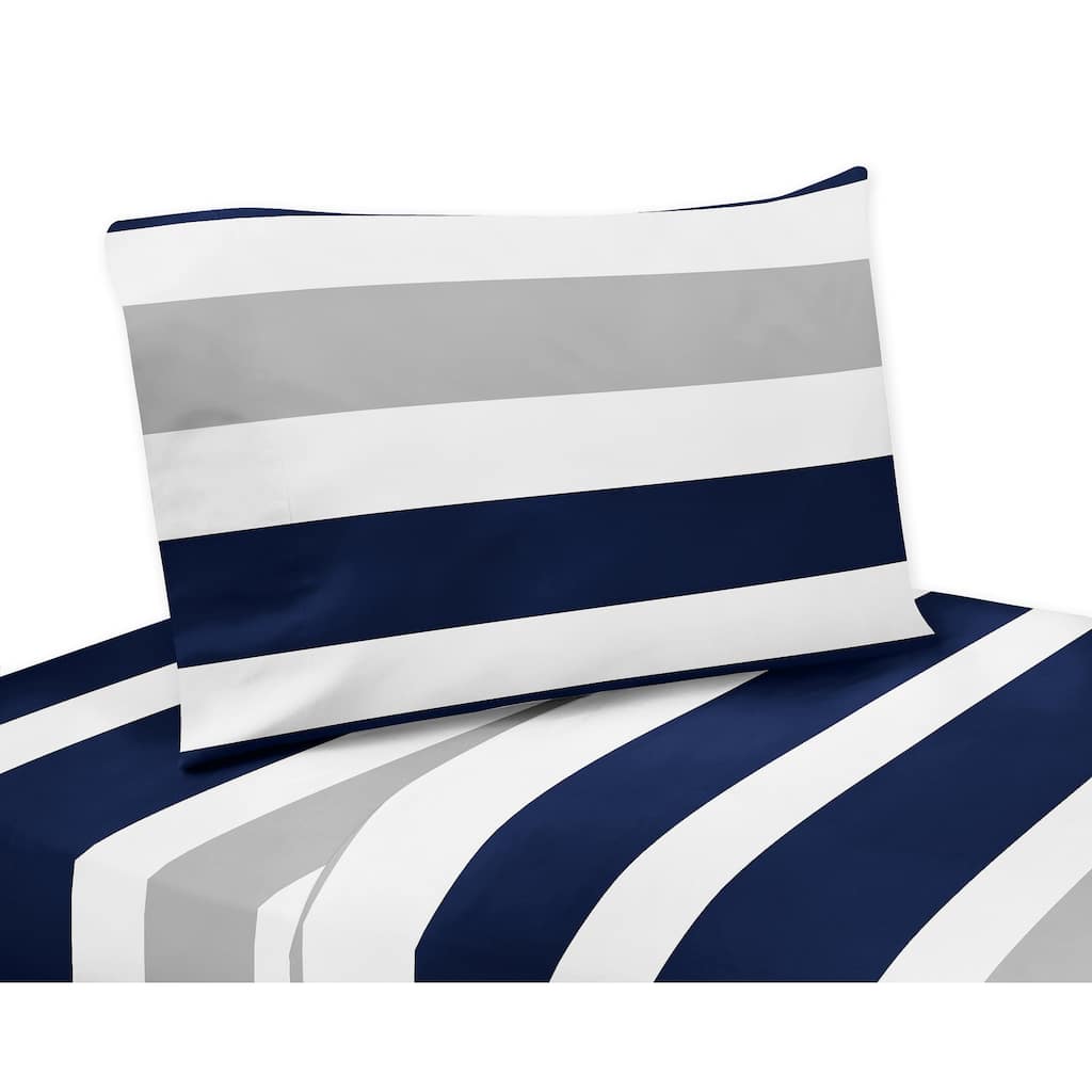 Sweet Jojo Designs Navy Blue/Grey Stripe Boy, Girl, Unisex/Gender Neutral 4-piece Queen Sheet Set - Classic, Bold Modern Striped