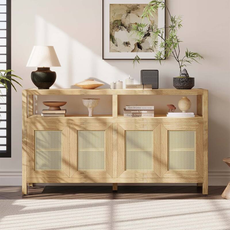 Bohemian-Inspired Rattan Storage Cabinet for Optimal Living and Dining Room Organization - Natural