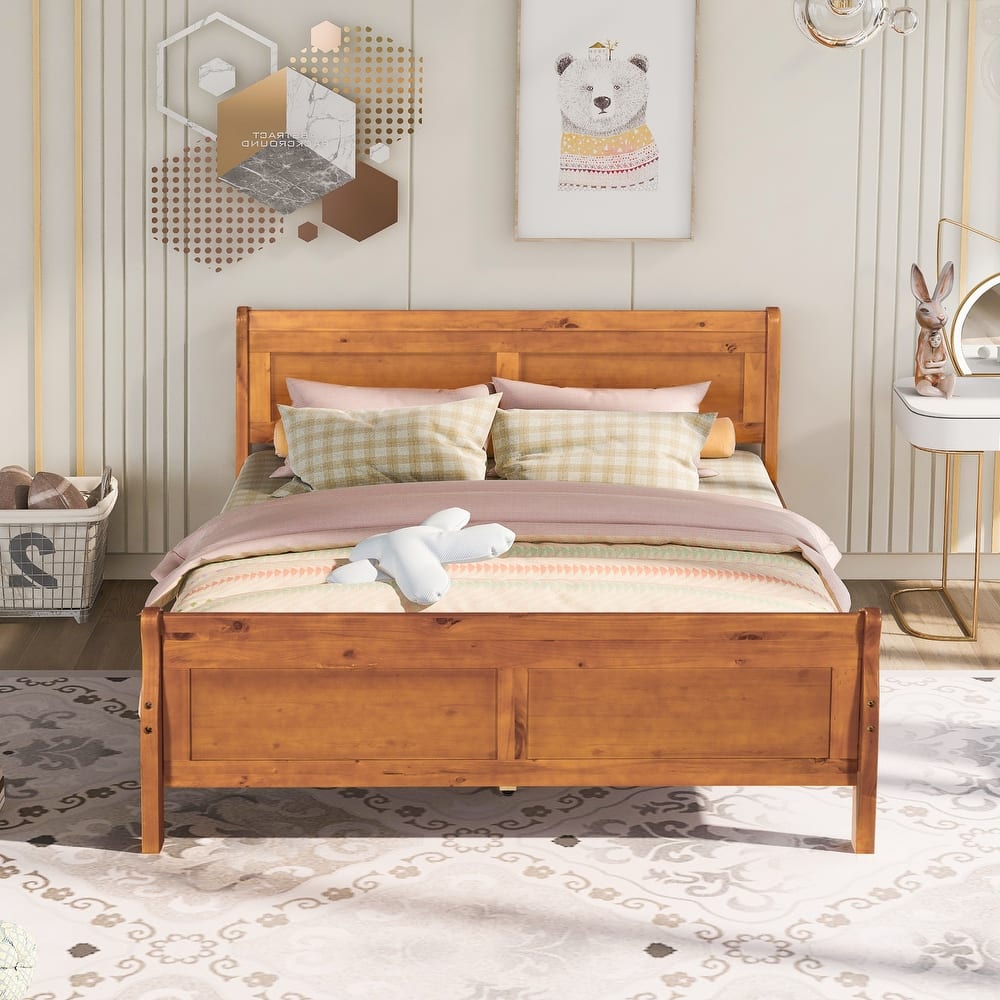 Classic Sleigh Bed Queen Size Platform Bed with Curved Headboar and Footboard, Solid Pine Wood Panel Bed Frame with Slat Support