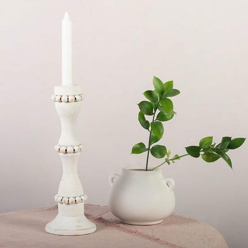 Washed White Wooden With Beads Candle Holder
