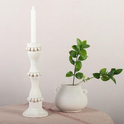 Washed White Wooden With Beads Candle Holder