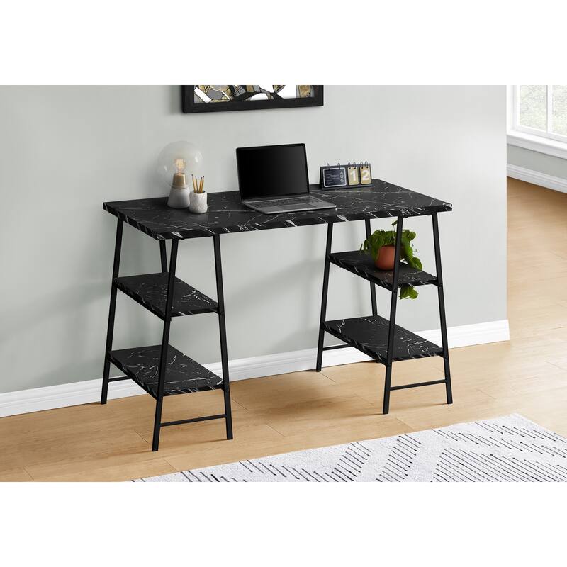 Computer Desk, Home Office, Laptop, Storage Shelves, 48"l, Work, Black Marble Look Laminate, Black Metal, Contemporary