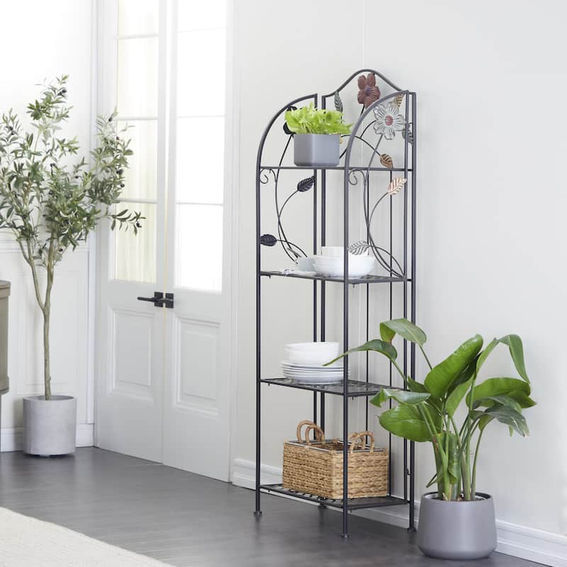 Metal Floral Indoor Outdoor Tall Folding 4 Shelves Bakers Rack - Black - Roche River Decor