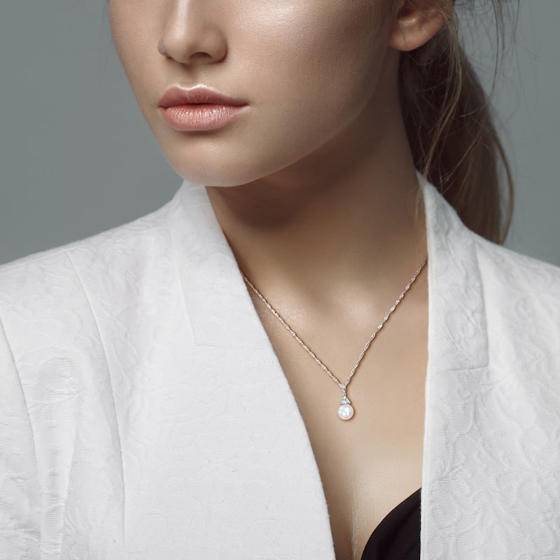 Miadora 8-8.5mm Cultured Freshwater Pearl and 1/5ct TGW Aquamarine Pendant with Chain in 10k White Gold - 19 mm x 8.5 mm