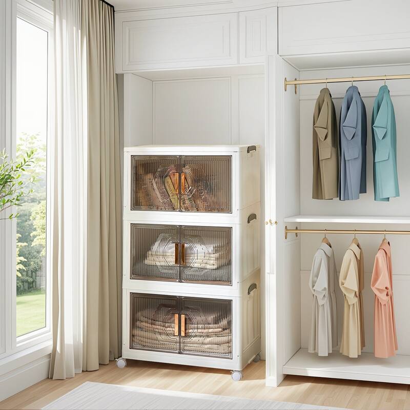Storage Bins with Lids, Stackable Storage Bins with Wheels & Folding Plastic Storage Boxes 3/4/5 Set - 3-Tier - White