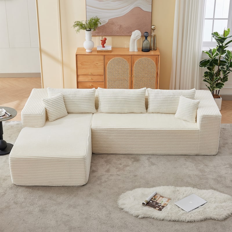Floor Standing Modular Deep Seat Couch Corduroy L-shaped Sectional Sofa with Chaise Lounge, Pillows and Square Arms - White