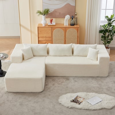 Floor Standing Modular Deep Seat Couch Corduroy L-shaped Sectional Sofa with Chaise Lounge, Pillows and Square Arms