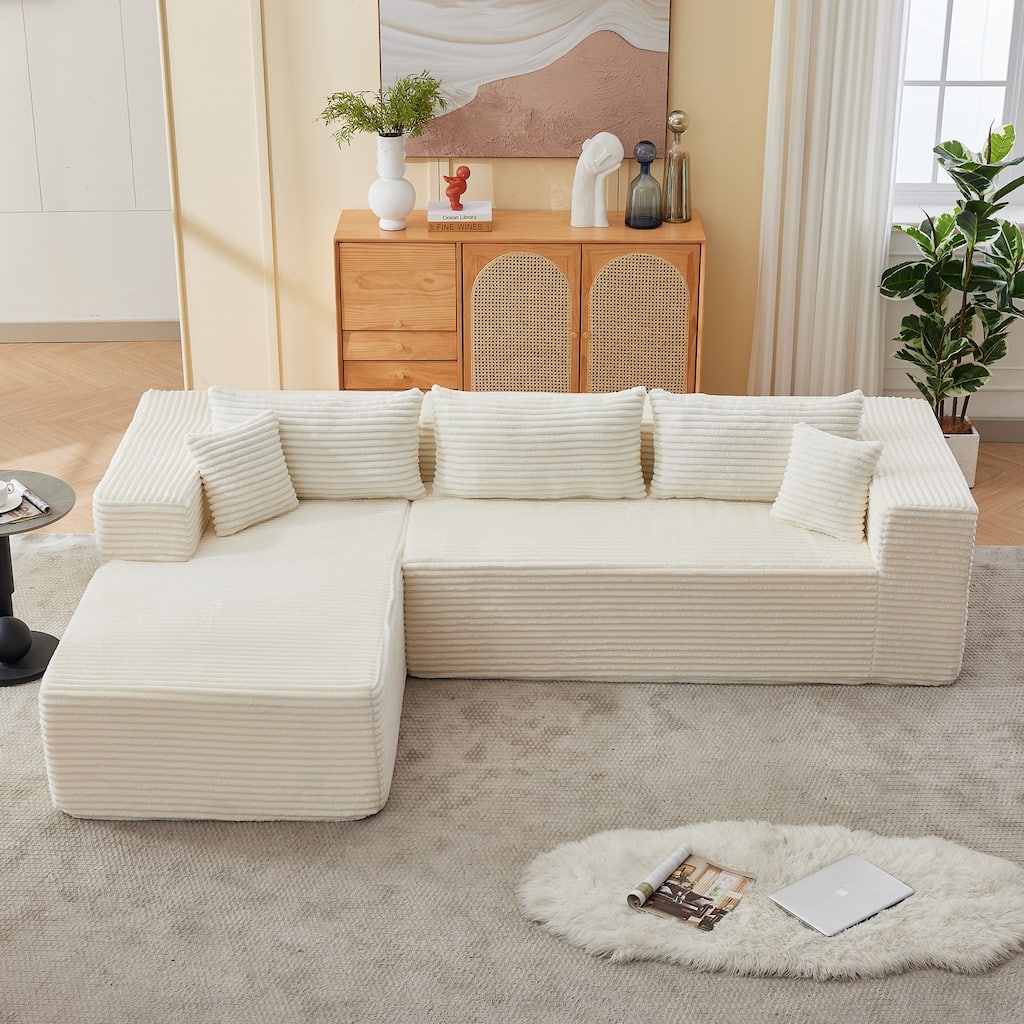 Floor Standing Modular Deep Seat Couch Corduroy L-shaped Sectional Sofa with Chaise Lounge, Pillows and Square Arms