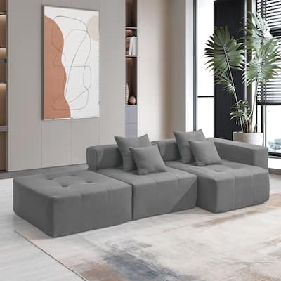 105.5'' L Shaped Modular Sofa, 3 PC Free Combo, No Assembly, Gray Corduroy, Living Room