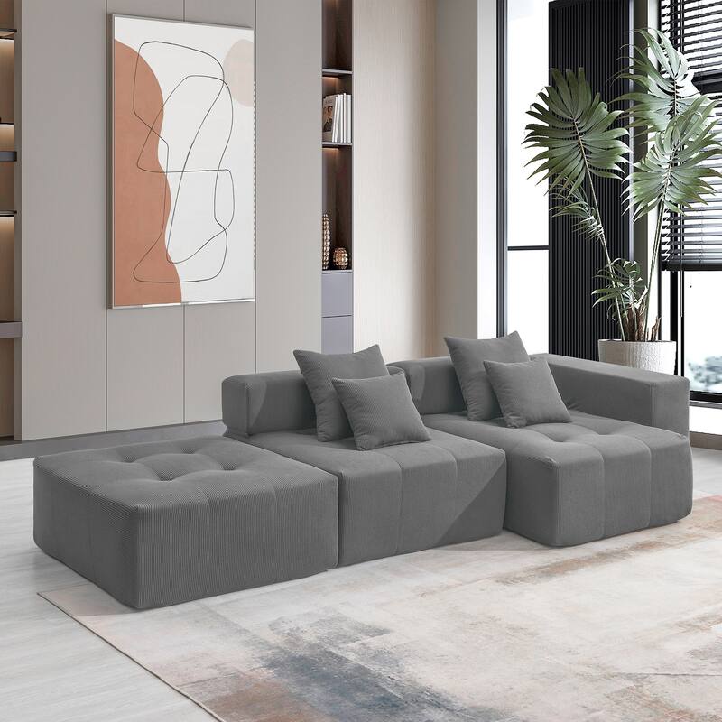 105.5'' Modular L-Shaped 3-Seater Sectional Sofa in Corduroy Upholstery with Tufted Design and 4 Included Pillows - Gray
