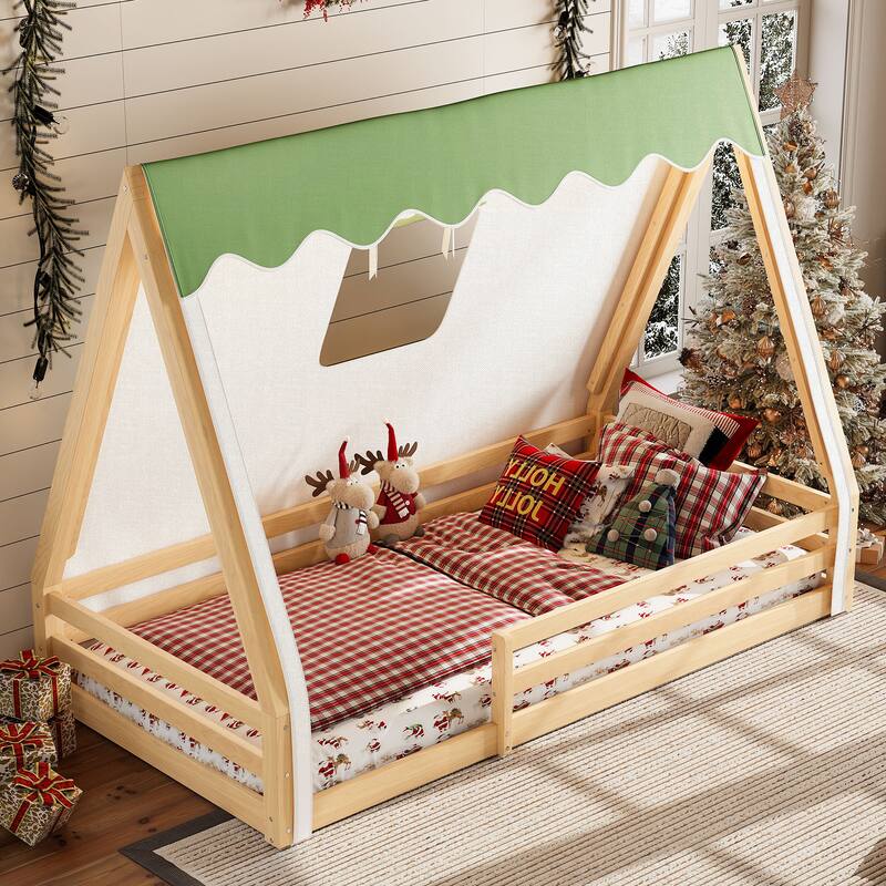 House Floor Bed with Tent and Light Montessori Kids Wood Bed Frame