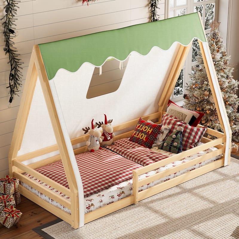 Teepee Montessori Bed for Toddlers, House-shaped Platform Bed Kids Playful Floor Bed with Tent, Sunroof and Light Strip