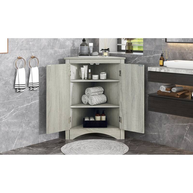 GDFStudio - Triangle Corner Storage Cabinet with Adjustable Shelves, Freestanding Floor Cabinet