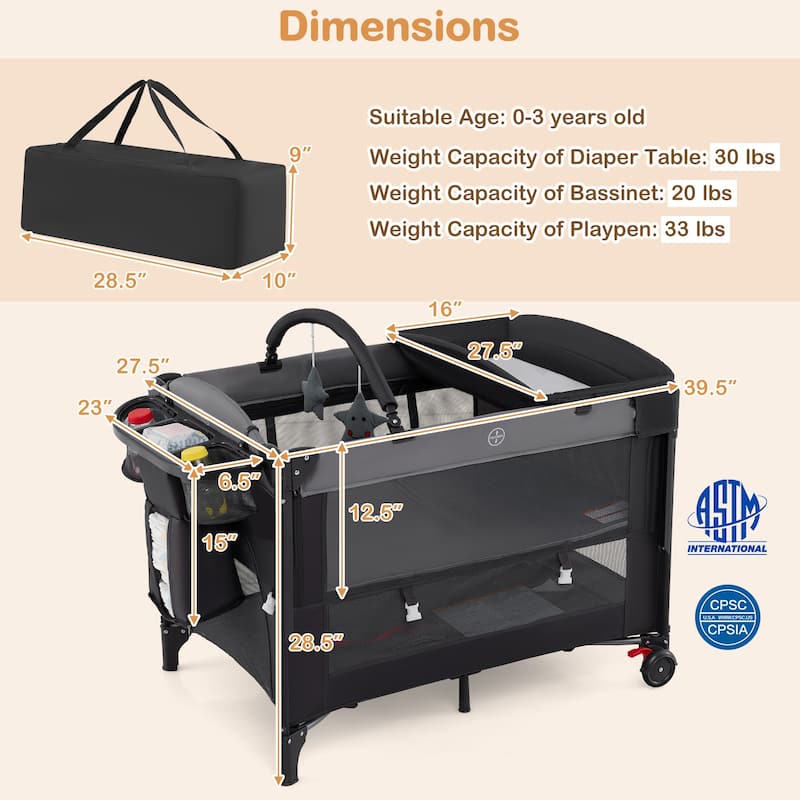 Multifunctional Kids Bassinets with Crib, Changing Table and Playpen - 39.5" L x 27.5" W x 28.5" H