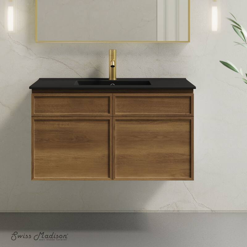 St. Tropez 36" Wall-Mounted Bathroom Vanity In Brown Oak With Black Sink Top - 36