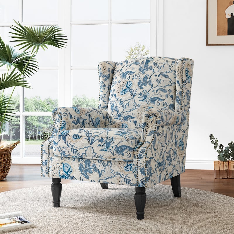 Mid-Century Modern Linen/ Vegan Leather Wing Back Accent Chair