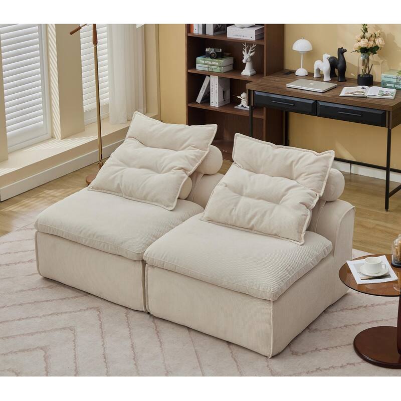 Corduroy Modular Sofa with Lumbar Pillow, 2 Seater Armless Upholstered Sofa Chair, Lounge Couch Chair for Small Spaces