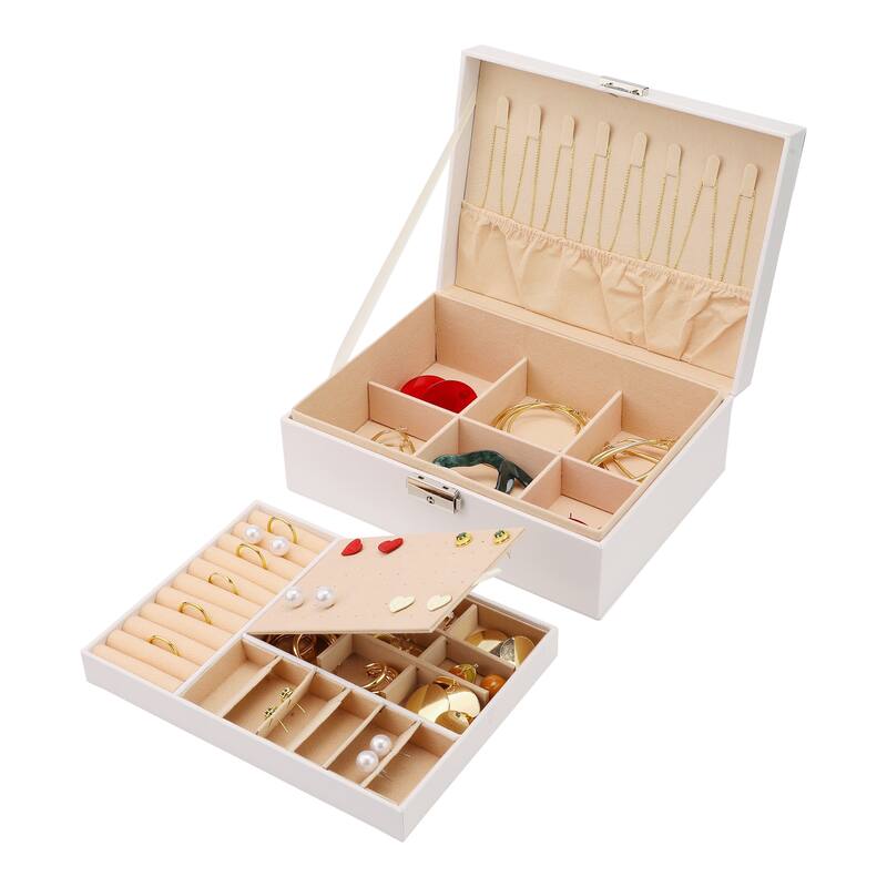 2 Layer Jewelry Box with Mirror for Women Girls, PU Leather Jewelry Organizer Case Storage Display Holder - 23x17x8.8cm