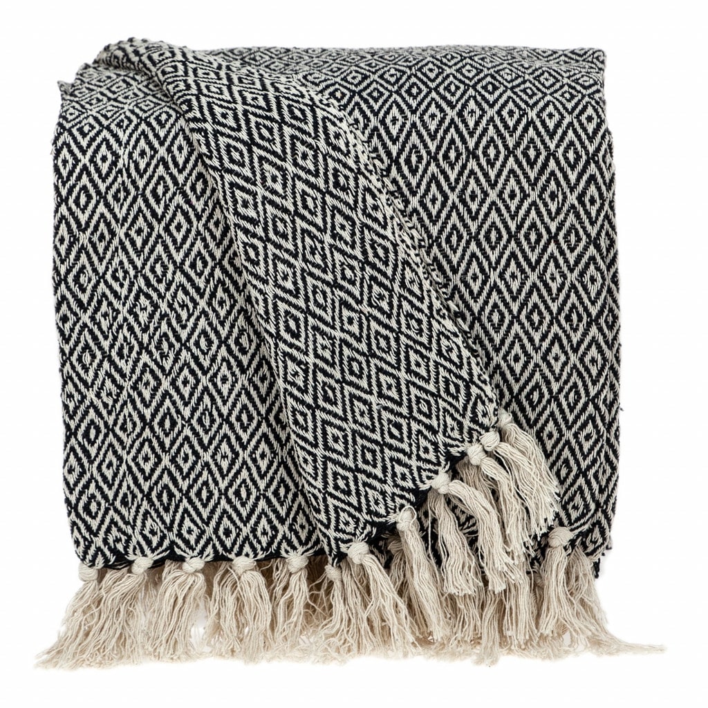 Boho Black and Beige Woven Diamond Pattern Throw with Tassels Boho Black and Beige Woven Diamond Pattern Throw with Tassels