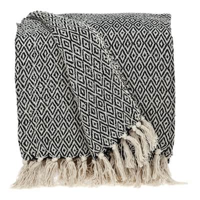 Boho Black and Beige Woven Diamond Pattern Throw with Tassels