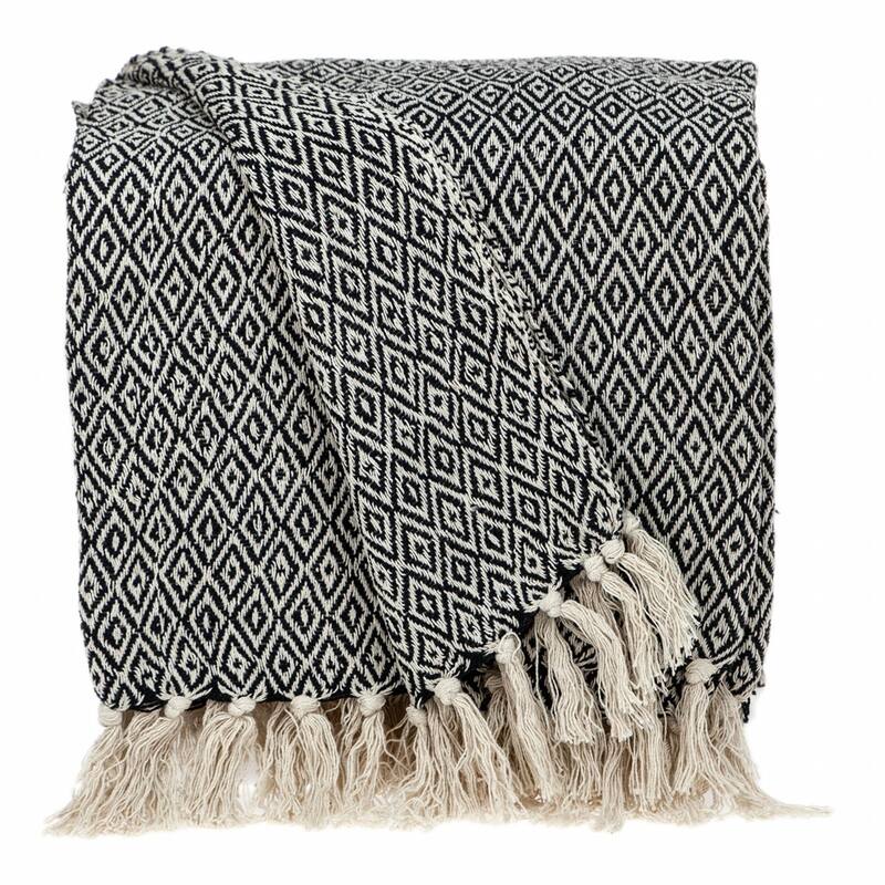 HomeRoots 52" X 67" Black And Beige Geometric Diamond Throw Blanket with Tassels