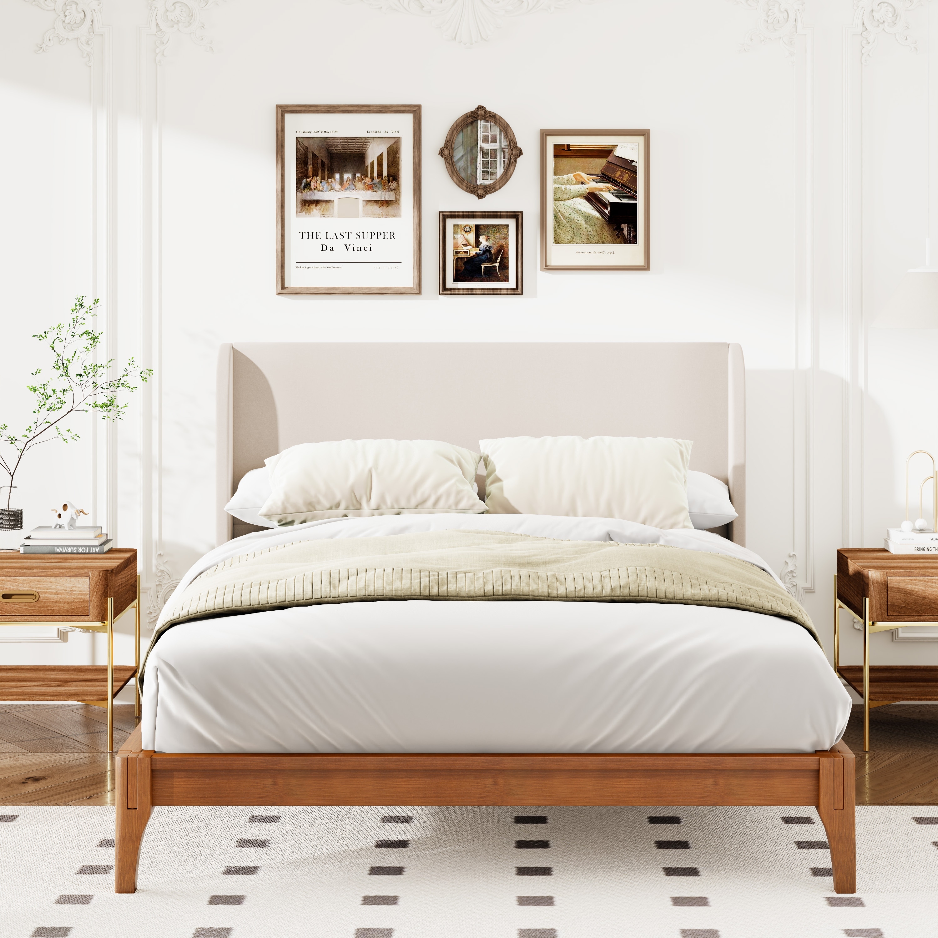 Wood Queen/King Size Platform Bed with Upholstered High Headboard
