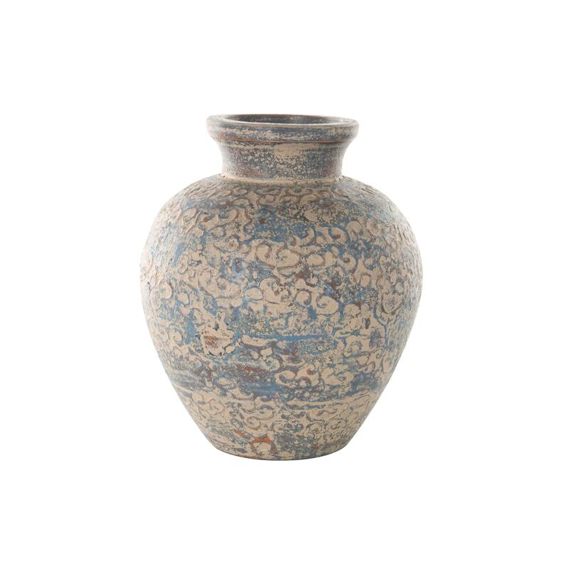 Ceramic Scroll Handmade Antique Style Wide Rounded Decorative Vase with Blue and Copper Accents - Beige - Roche River Decor