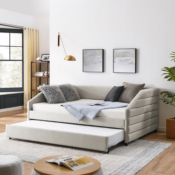 Modern Beige Multifunctional Tufted Upholstered Sofa Bed Plywood Frame Couch with Pull Out Bed and Trundle for Living Room