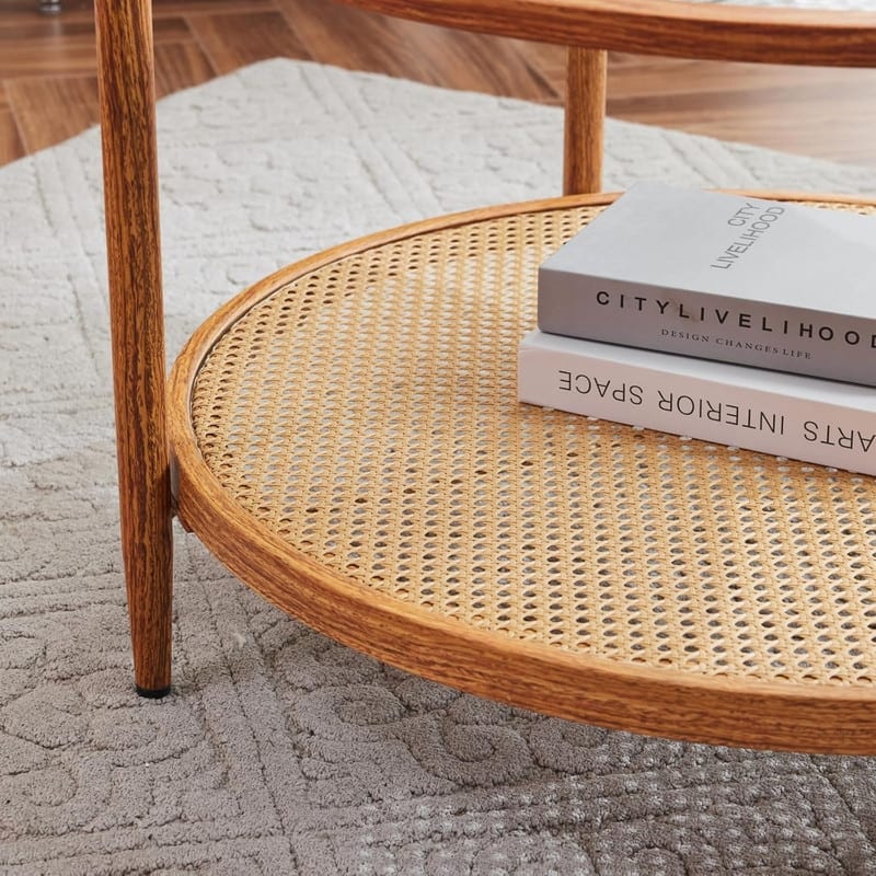 VINGLI Double-Layered Round Water Ripple Glass with Heat Transfer Wood Grain Iron Frame Coffee Table
