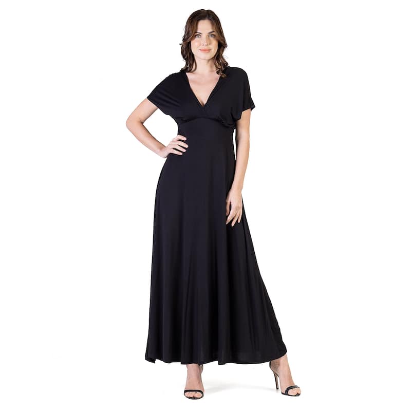 24seven Comfort Apparel Womens Cap Sleeve V Neck Maxi Dress - Black - XL