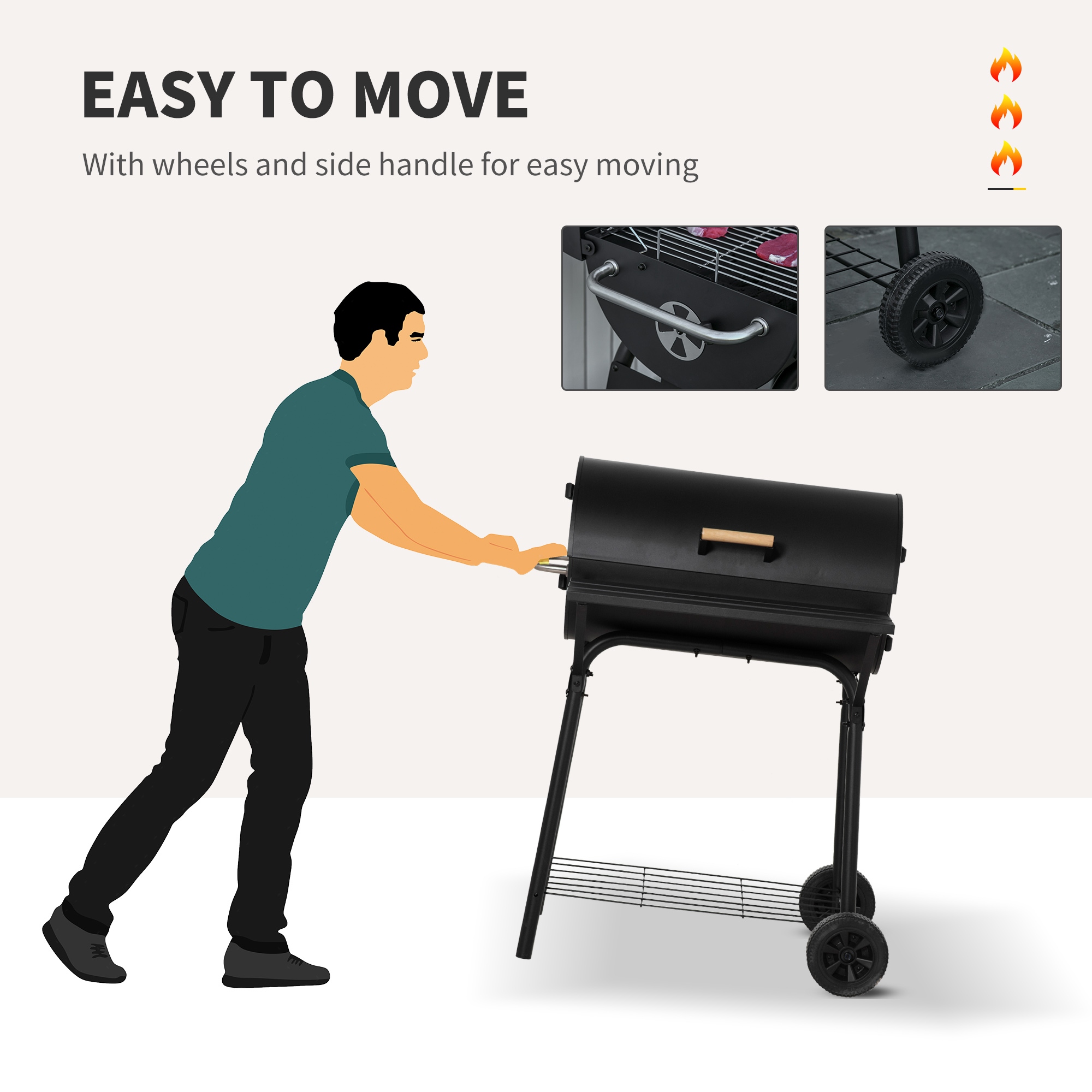 Outsunny 30 Portable Charcoal BBQ Grill Carbon Steel Outdoor Barbecue with Adjustable Charcoal Rack Storage Shelf Wheel Black