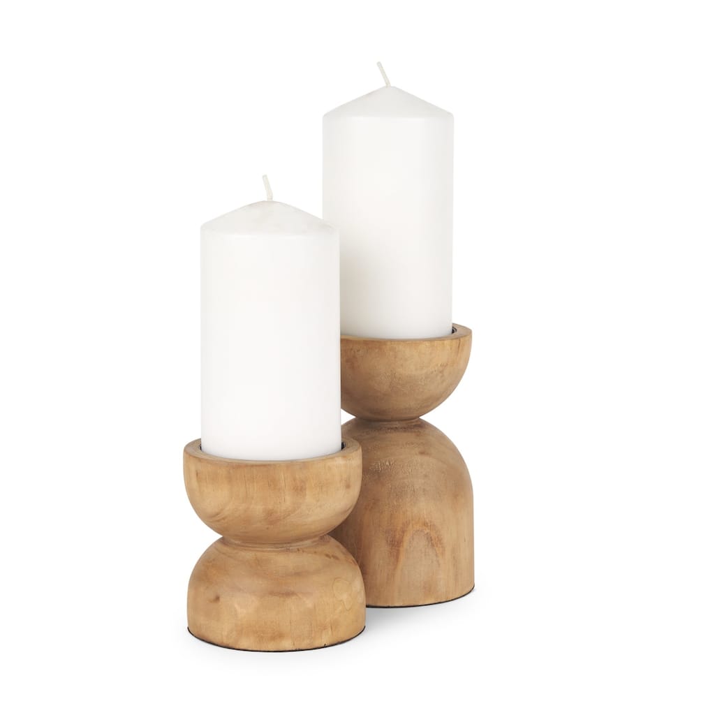 Aleena Light Brown Solid Wood Candle Holders (Set of 2)