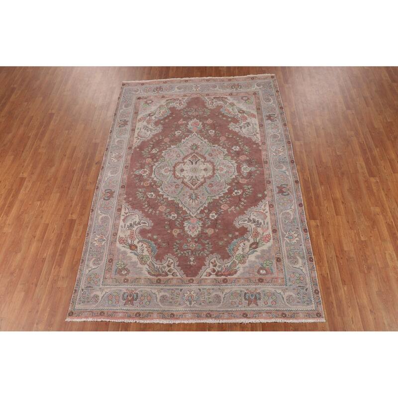 Vintage Tabriz Persian Vintage Area Rug Handmade Brown Wool Carpet - 6'8"x 10'0"
