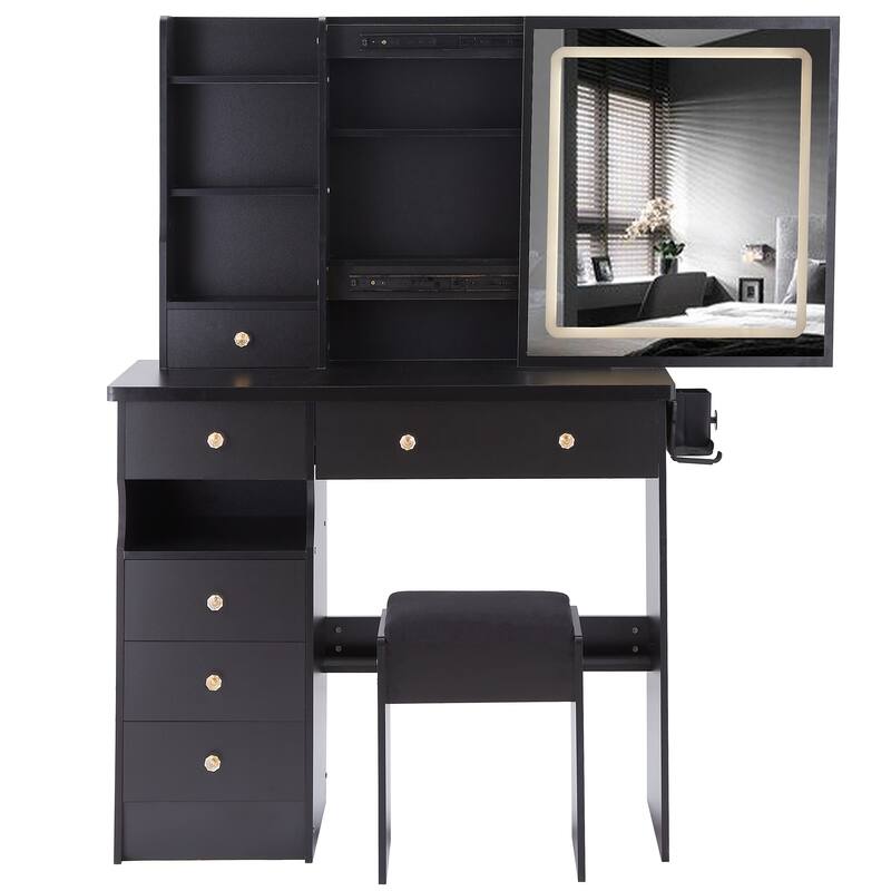 37" Middle Size Left Drawer Desktop Vanity Table + Cushioned Stool Dresser Set, Large Touch Control LED Sliding Mirror