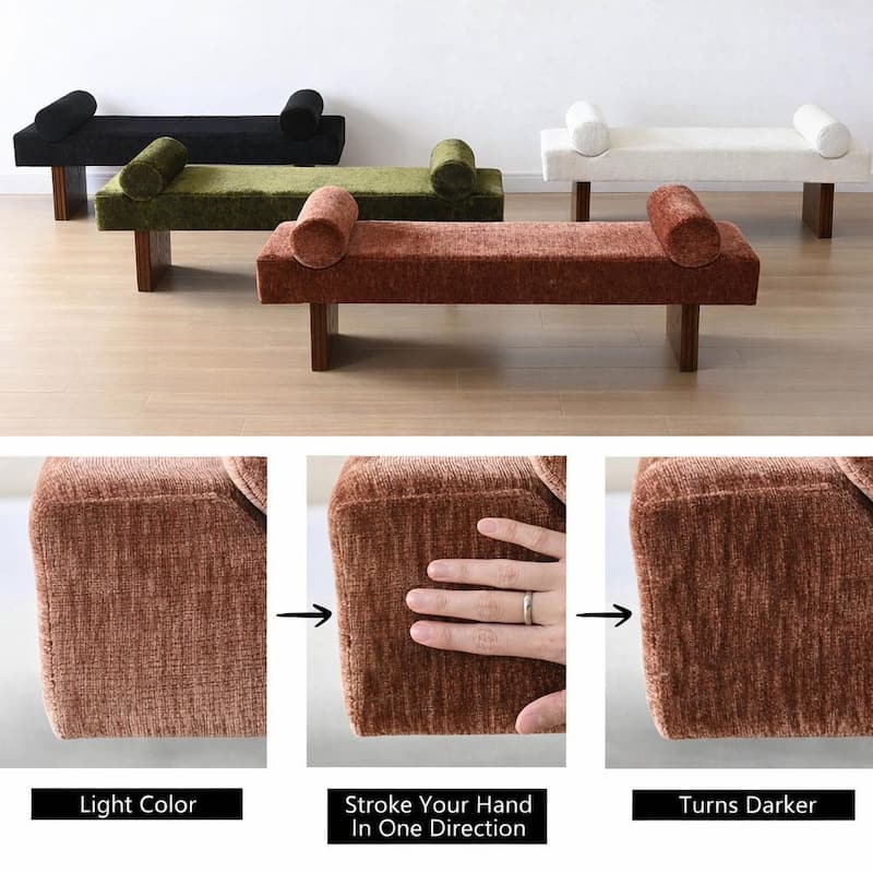 60" Upholstered Bedroom and Entryway Bench with Bolster Pillows