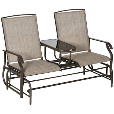 Two-Person Outdoor Beige Sling Glider Bench with Center Table and Brown Steel Frame for Patio Seating