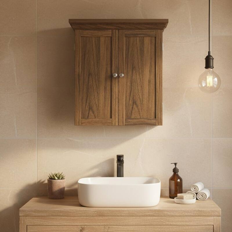 Teamson Home Stratford Removable Wall Cabinet 2 Doors, Adjustable Shelves, Crown Molding, Beveled Inlays for Bathroom Storage