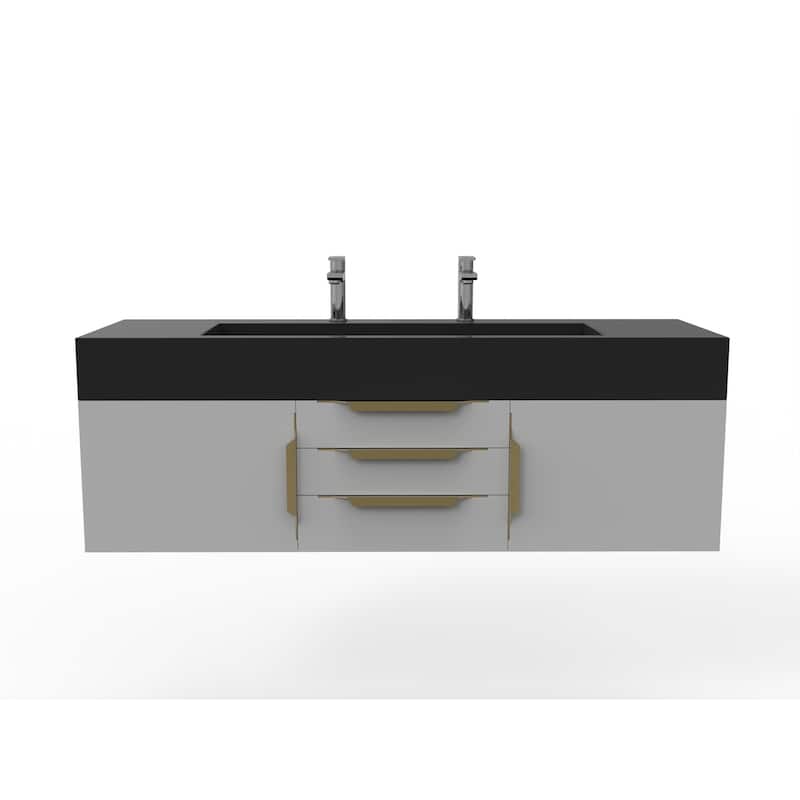 Nile 60" Wall Mounted Bathroom Vanity Set w/ Black Top - Grey - Gold Finish