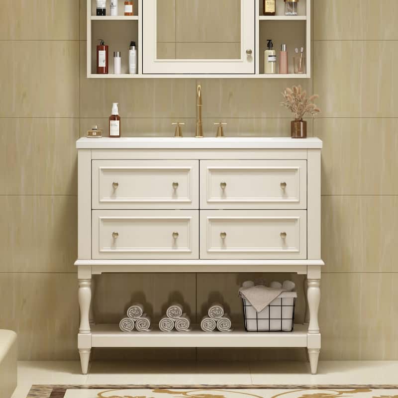 36 inch MDF Freestanding Bathroom Vanity with Integrated Ceramic Sink and Drawers - 36'' x 18'' x 34''
