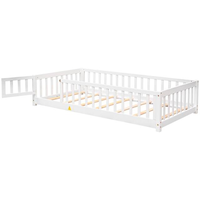 Twin/Full/Queen size Floor Platform Bed with Fence and Door for Kids, Toddlers