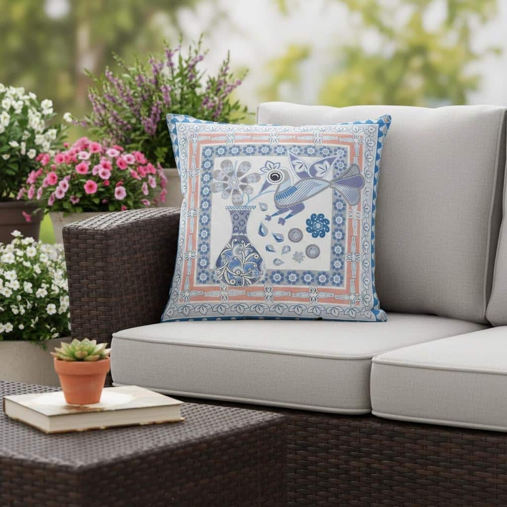 HomeRoots 18" x 18" Blue and Gray Peacock Blown Seam Floral Indoor Outdoor Throw Pillow - 18.00' X '5.00' X '18.00