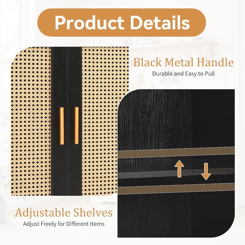 Rattan Accent Cabinet Storage Sideboard Buffet with 4 Doors